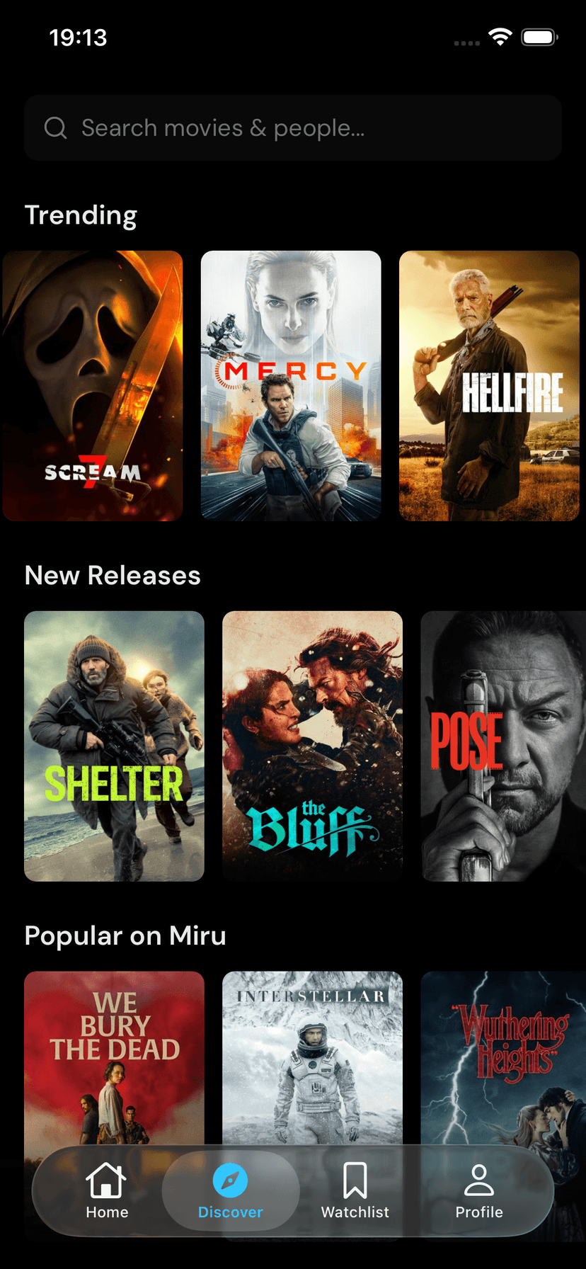 Discover screen showing trending, new releases, and popular movies