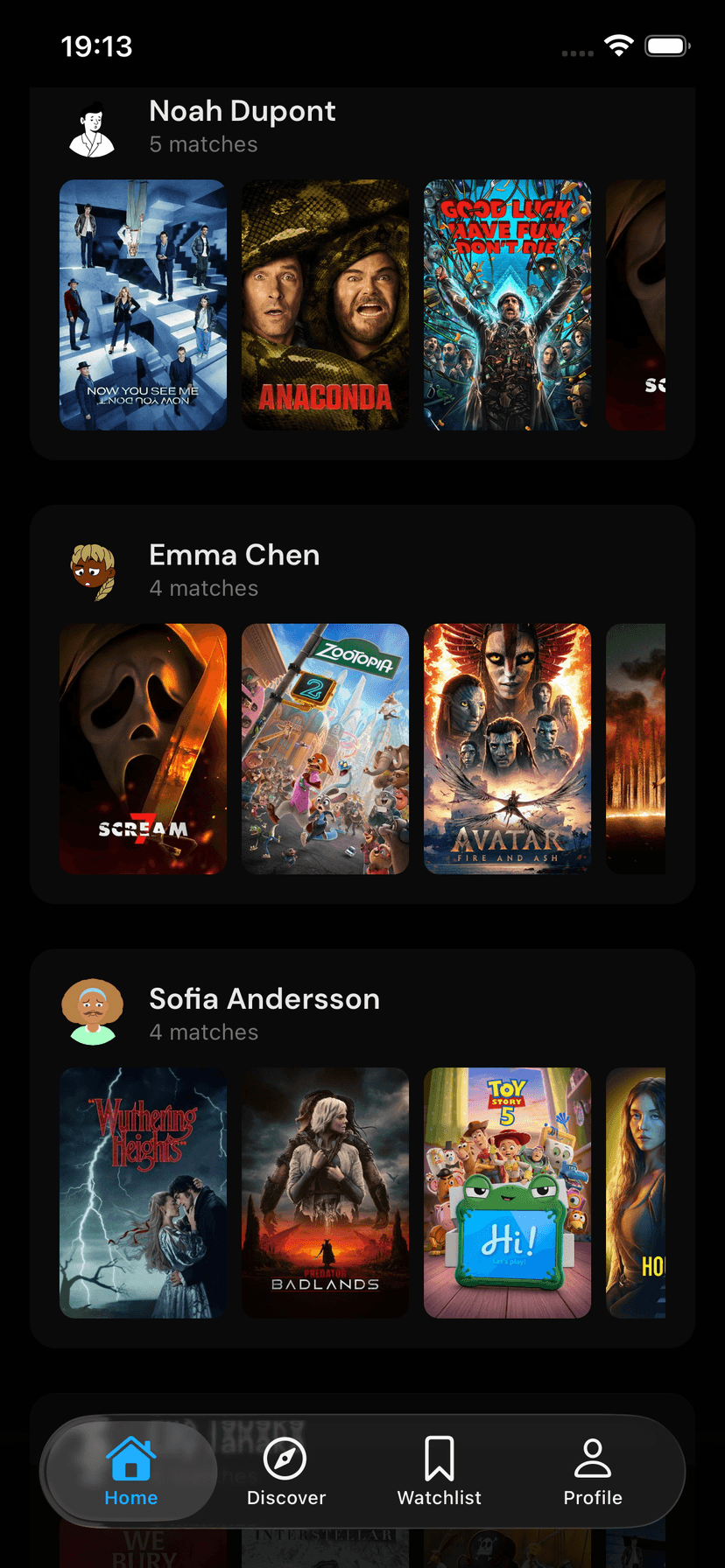 Miru home screen showing movie matches with friends
