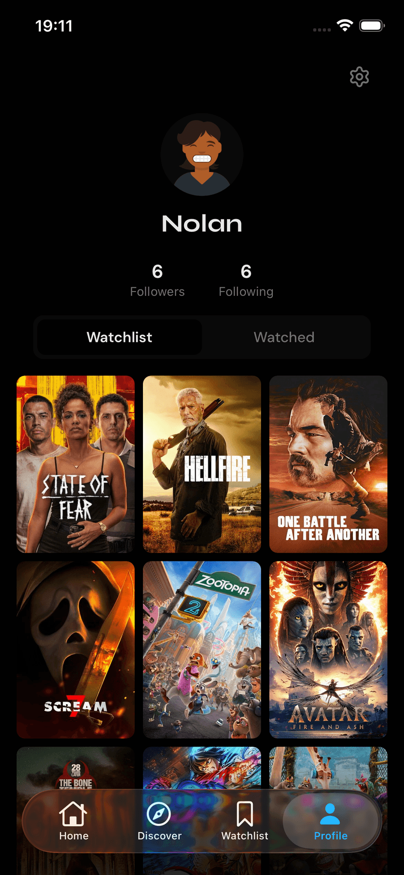 Profile screen showing user stats, watchlist, and watched movies