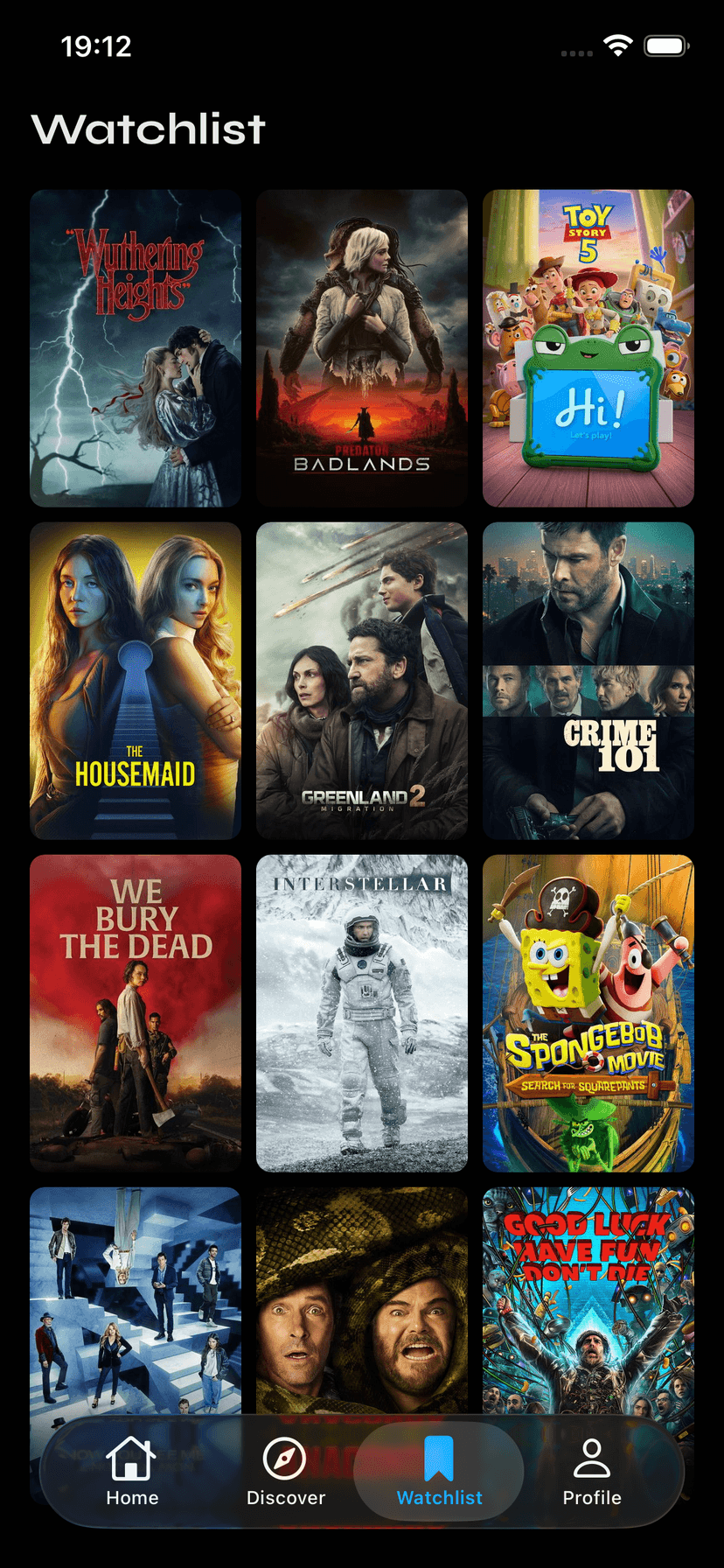 Watchlist screen showing saved movies in a grid